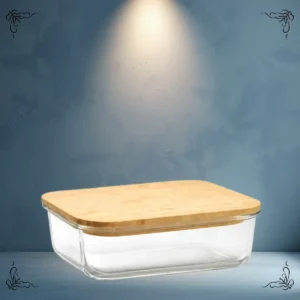 BOWL DE VIDRIO RECTANGULAR TAPA DE BAMBO 20.5CM X15 CM CAROL