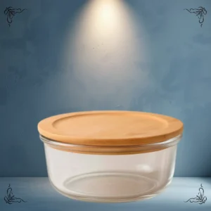 BOWL DE VIDRIO REDONDO TAPA DE BAMBO 14 CM X 13.5 CM CAROL